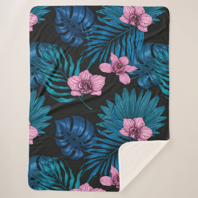 Couverture Sherpa Orchidées et feuilles de palmiers, rose et bleu su (Devant)