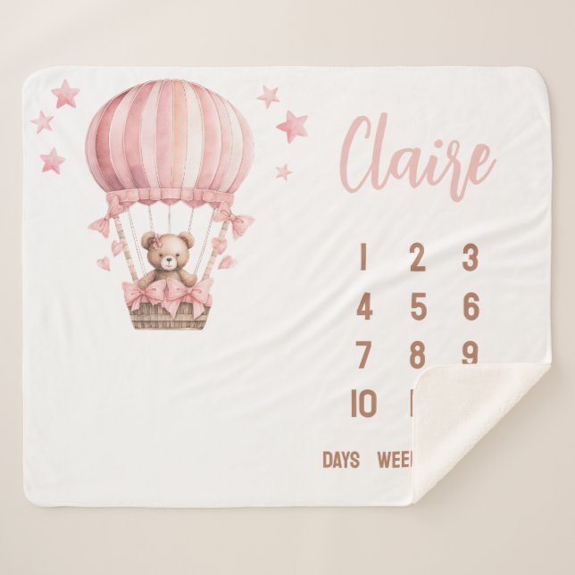 Couverture Sherpa Ours rose dans l'air chaud Balloon Baby Milestone (Devant (Horizontal))
