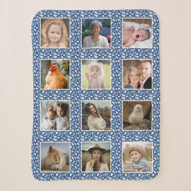 Couverture Sherpa Paisley Motif Blue Custom Family Photo Collage (Devant)