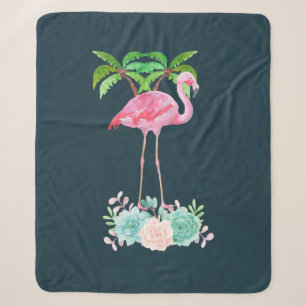 Couverture Sherpa Palmiers Flamants roses roses et succulents florau