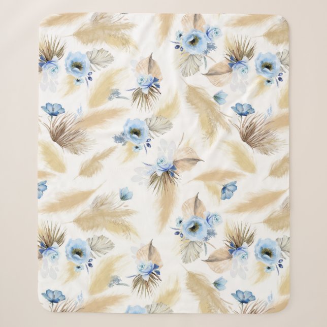 Couverture Sherpa Pampas Grass et Fleurs bleues poussiéreuses Tropic (Devant)