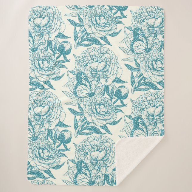 Couverture Sherpa Papier à peintres et papillons, lagon Bleu (Devant)