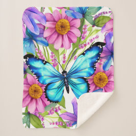 Couverture Sherpa Papillon bleu dans un champ de fleurs