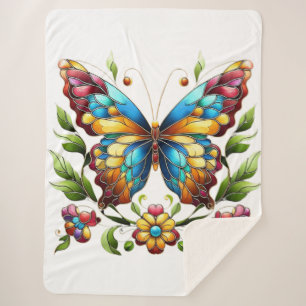 Couverture Sherpa Papillon en vitrail coloré avec fleurs
