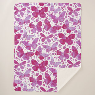 Couverture Sherpa Papillons Aquarelle Magenta Rose