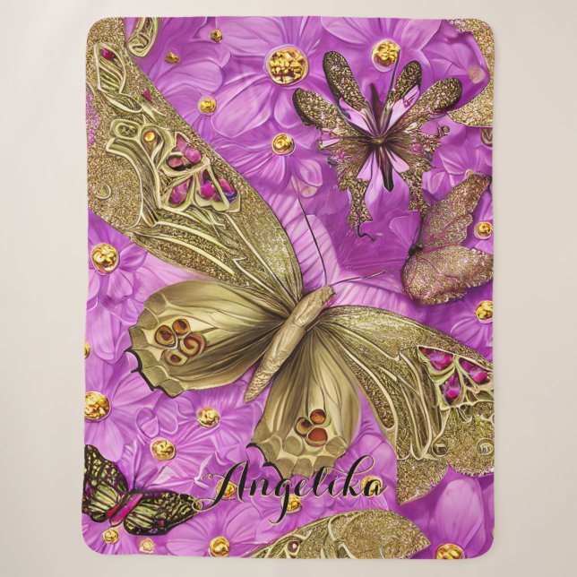 Couverture Sherpa Papillons d'or Fleurs roses Nom personnalisé (Devant)