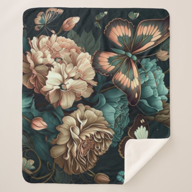 Couverture Sherpa Papillons et fleurs design classique foncé (Devant)