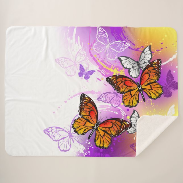 Couverture Sherpa Papillons Monarque sur Arrière - plan pourpre (Devant (Horizontal))