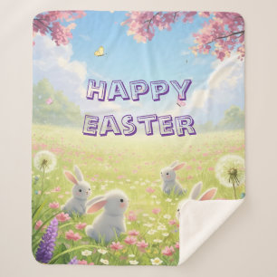 Couverture Sherpa Pâques Lavande Mignon Lapin Blanc Floral Printemps