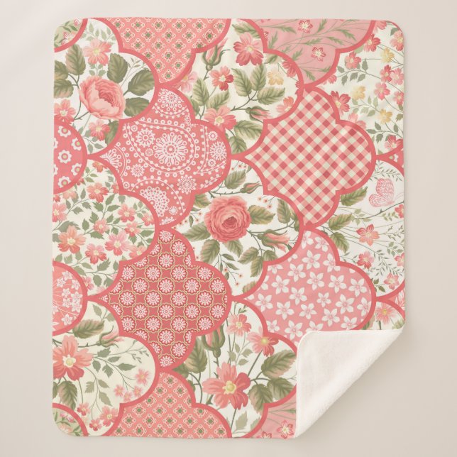 Couverture Sherpa Pastel Rose Motif à patchwork floral (Devant)