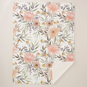 Couverture Sherpa Pastel Rose Peach Olive Brown   Feuilles floraux