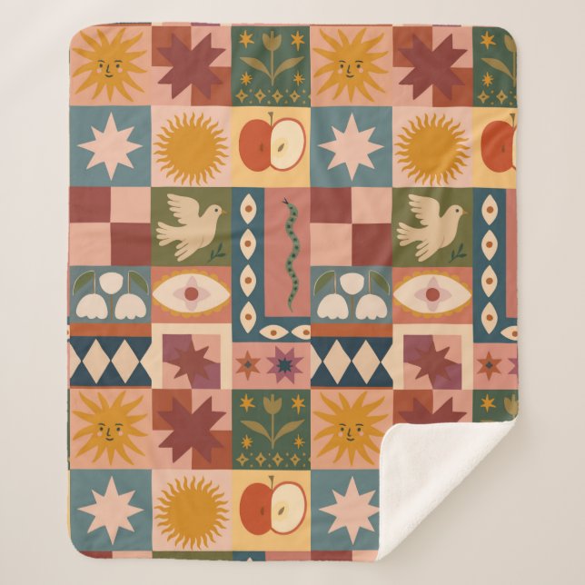 Couverture Sherpa Patchwork céleste bohémien avec symboles mystiques (Devant)