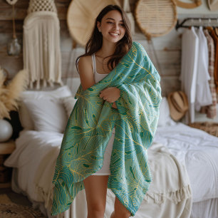 Couverture Sherpa Paume vert et or feuille motif