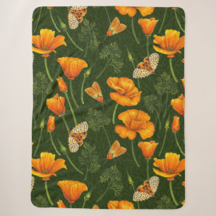 Couverture Sherpa Pavot de Californie et papillons de nuit sur vert 