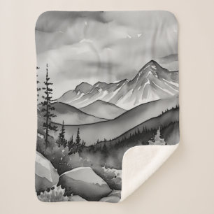 Couverture Sherpa Paysage noir et blanc peinture de montagnes