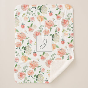 Couverture Sherpa Peach Watercolor Motif floral avec Monogramme