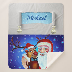 Couverture Sherpa Peinture avec Roudolf souriant et Père Noël