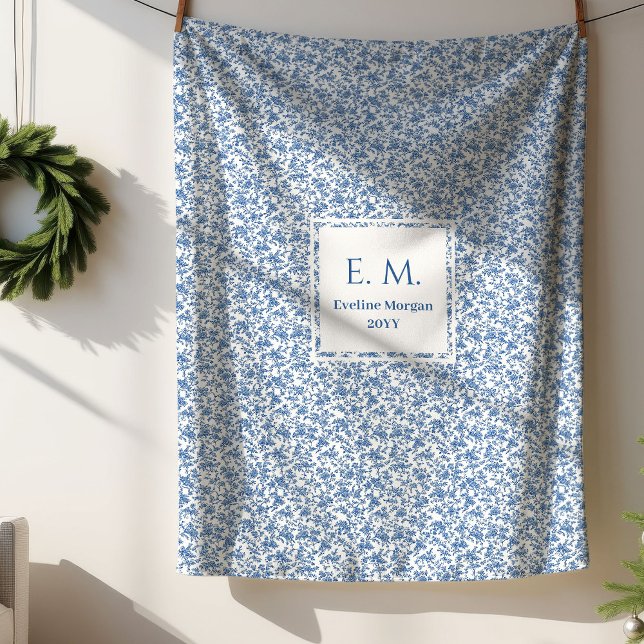 Couverture Sherpa Personalized Blue Toile Floral Cozy Gift Blanket (Personalized Blue Toile Floral Cozy Gift Blanket)