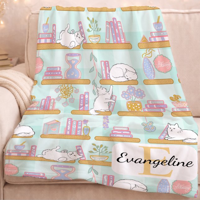 Couverture Sherpa Personalized Bookish Cat Gift Green Pastel Name (Créateur téléchargé)