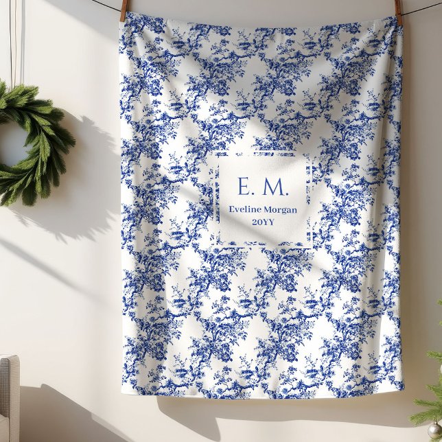 Couverture Sherpa Personalized French Toile Floral Blue Blanket Gift (Personalized French Toile Floral Blue Blanket Gift)