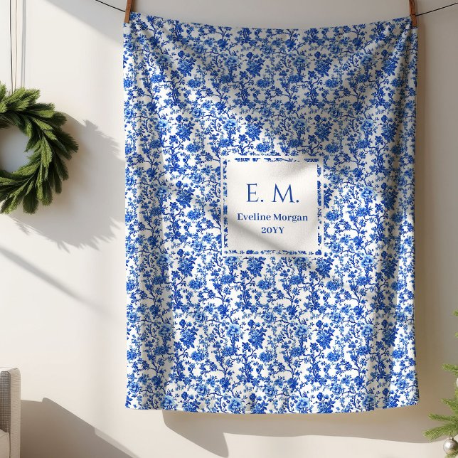 Couverture Sherpa Personalized Royal Blue Floral Toile Cozy Blanket (Personalized Royal Blue Floral Toile Cozy Blanket)