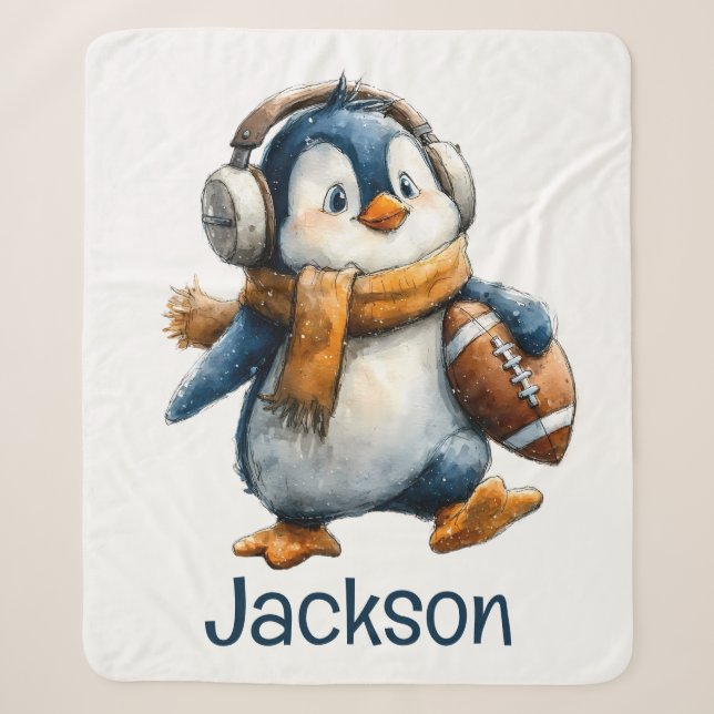 Couverture Sherpa Personalized Winter Penguin Football Kid (Devant)