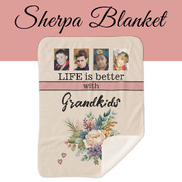Couverture Sherpa Personnalisé 4 petits-enfants photo fleurs rose