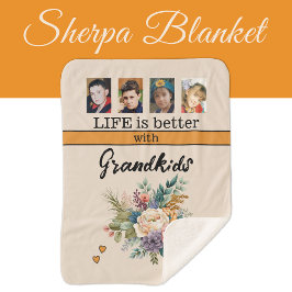 Couverture Sherpa Personnalisé 4 photos petits-enfants fleurs orange