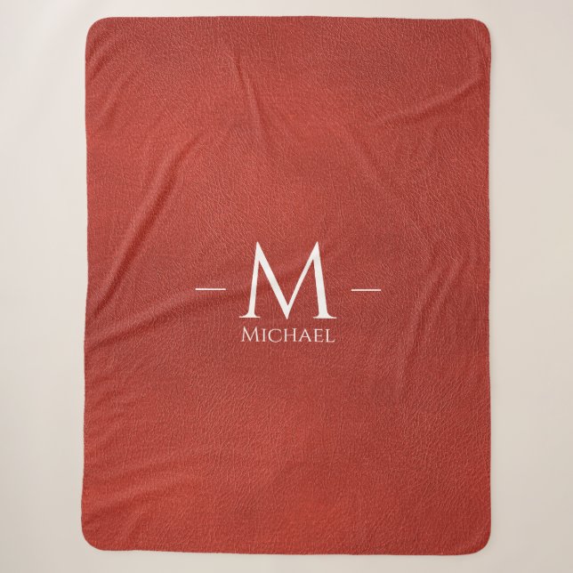 Couverture Sherpa Personnalisé Rouge Brown cuir Look Monogramme Nom  (Devant)
