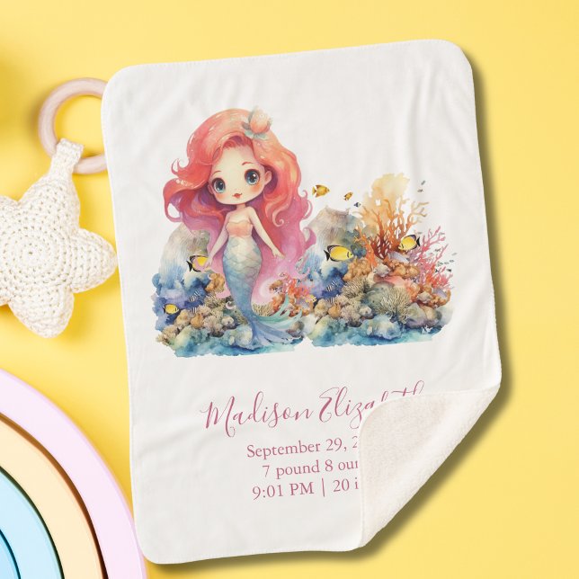 Couverture Sherpa Personnaliser Sirène Baby shower bébé fille cadeau (Mermaid Sea Life Baby Blanket with Birth Stats for Baby Girl. Great Baby shower or new baby gift)
