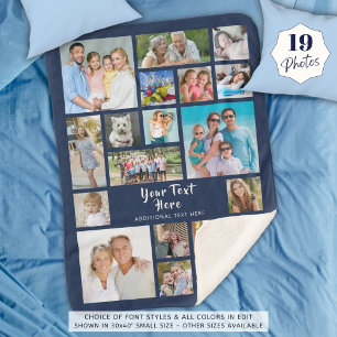 Couverture Sherpa Photo Collage 19 Photos Brush Script Navy Blue