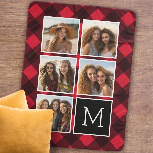 Couverture Sherpa Photo Collage et Monogramme Red Black Buffalo Plai (Personalized sherpa blanket with photos and text)