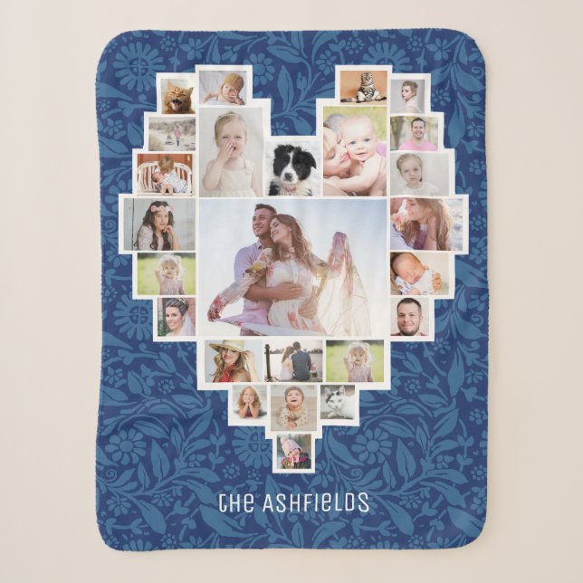 Couverture Sherpa Photo de famille Collage Coeur Floral Blue 25 Nom  (Devant)