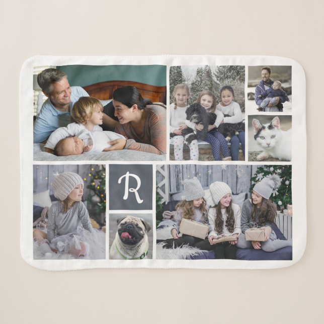 Couverture Sherpa Photo de famille Collage Monogrammé 7 Photos Blanc (Devant (Horizontal))