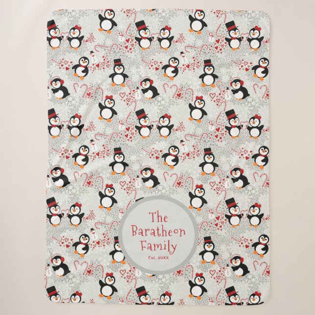 Couverture Sherpa Pingouins d'hiver mignons Nom de famille personnal (Devant)
