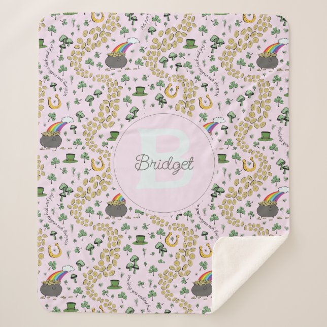 Couverture Sherpa Pink Cute n'Curvy Shamrocks Nom du bébé St patrick (Devant)