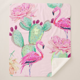 Couverture Sherpa Pink flamingo, exotic birds, gentle flowers, rose,