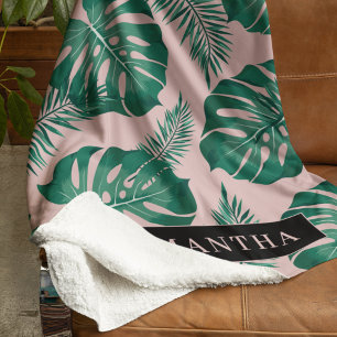 Couverture Sherpa Pink & Green Palm Feuille Motif & nom