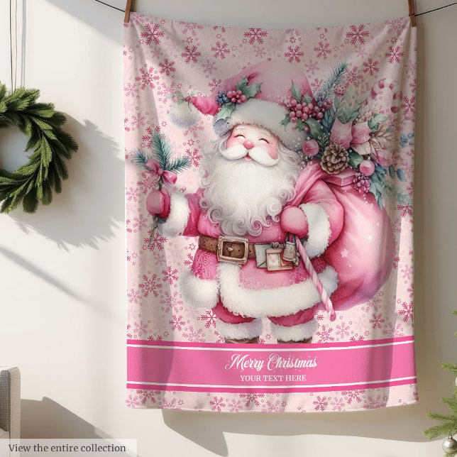 Couverture Sherpa Pink Père Noël Girls Blanket Nom personnalisé Pink (Pink Santa Girls Blanket Custom Name Pinkmas)