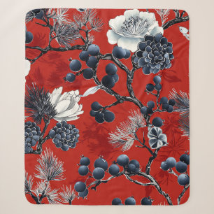Couverture Sherpa Pivoine Magnolia Chinoiserie Indigo Cramoisi Hiver