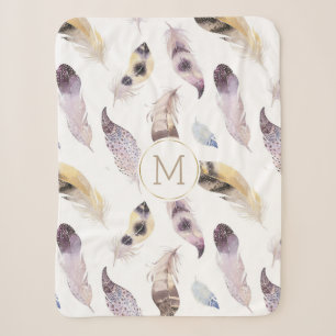 Couverture Sherpa Plumes tribales motif pastel aquarelles