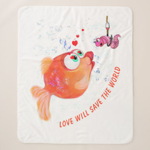 Couverture Sherpa Poisson amusant et ver amour romantique - Texte pe