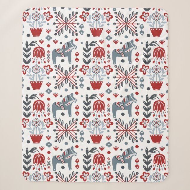 Couverture Sherpa Poney nordique et motif floral en gris et rouge (Devant)