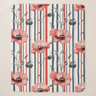 Couverture Sherpa Poppies rouges avec Feuilles bleus et Motif rayé