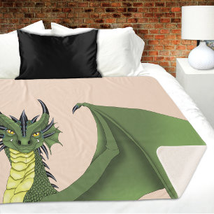 Couverture Sherpa Portrait de dragon mignon vert Fantaisie pêche 