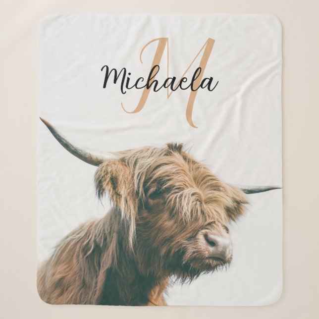 Couverture Sherpa Portrait de vache Highland nom personnalisé monogr (Devant)