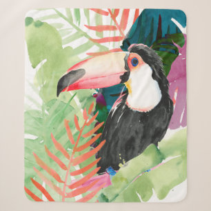 Couverture Sherpa Portrait toucan avec Feuilles tropicaux