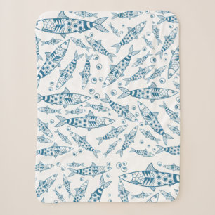 Couverture Sherpa Portugais Lisbonne Sardines Motif Azulejos Blanc