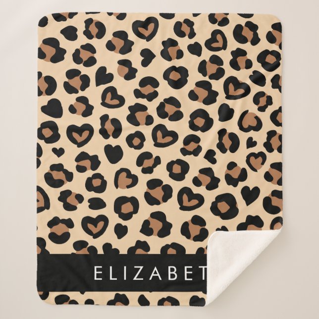 Couverture Sherpa Poster de animal, Léopard Brown, Coeurs, Votre Nom (Devant)
