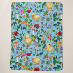 Couverture Sherpa Poulets et fleurs sauvages sur le bleu bébé